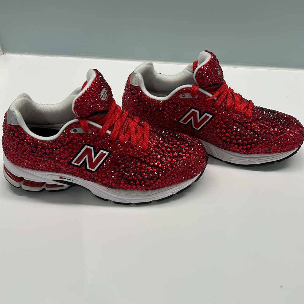 Custom Ruby Red Jeweled New Balance 2002r, Boys Size 5 - Fits Women Sizes 6 - 7